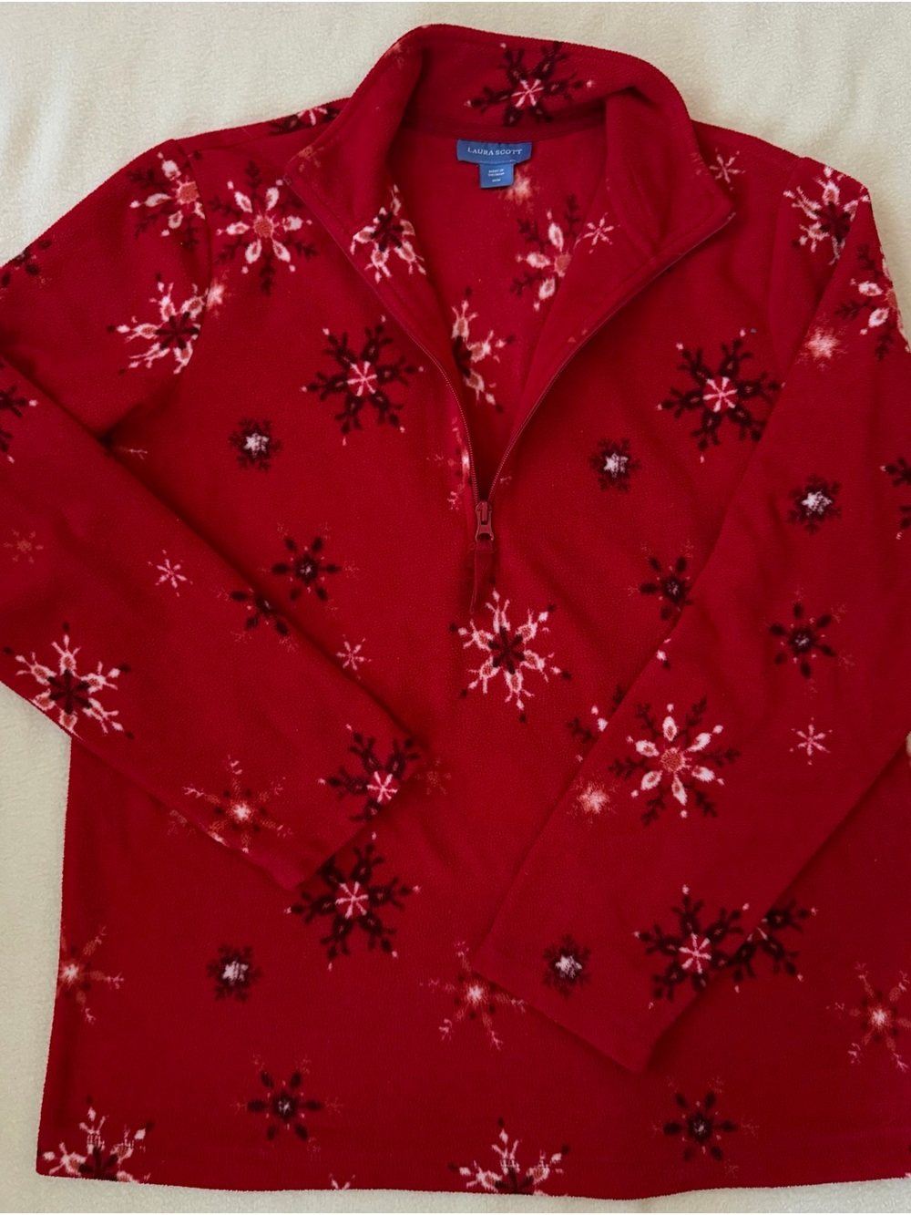Laura Scott Red Snowflake Christmas Winter Fleece Pullover 1/4 Zip Size M